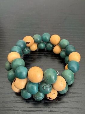 Boho Blue & Tan Wood Beaded Bracelet